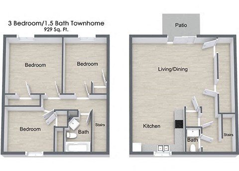 Floor plan for 3 beds, 1 bath, 929 sqft